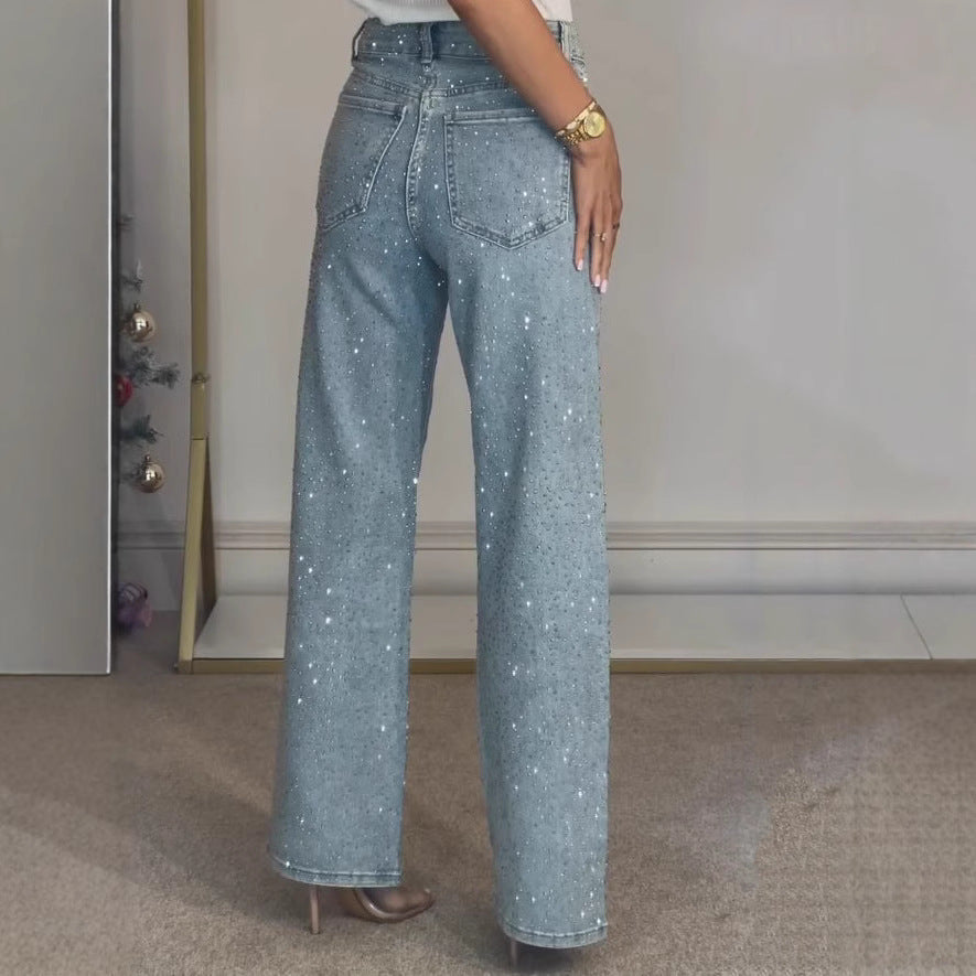 25 Edition – Women’s High Waist Straight Street Jeans with Glitter
