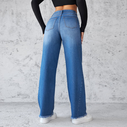 Fashion Straight Wide-leg Jeans Casual High-waist Non-elastic Womens