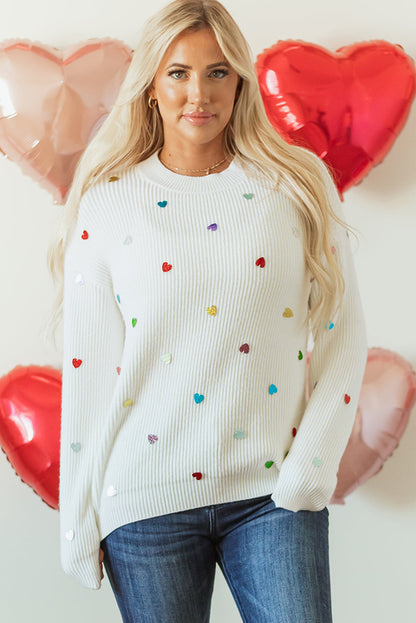 Valentine Heart Sequin Ribbed Knit Crewneck Sweater