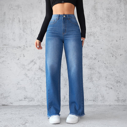 Fashion Straight Wide-leg Jeans Casual High-waist Non-elastic Womens