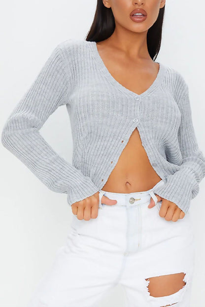 Grey Button Front Ribbed Cardigan