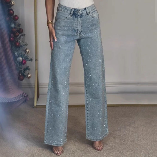 25 Edition – Women’s High Waist Straight Street Jeans with Glitter
