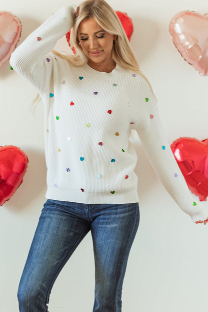 Valentine Heart Sequin Ribbed Knit Crewneck Sweater