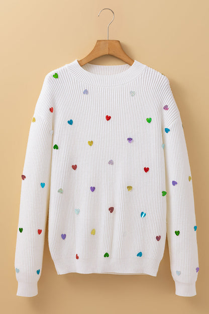 Valentine Heart Sequin Ribbed Knit Crewneck Sweater