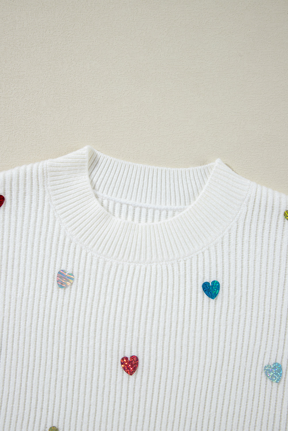 Valentine Heart Sequin Ribbed Knit Crewneck Sweater